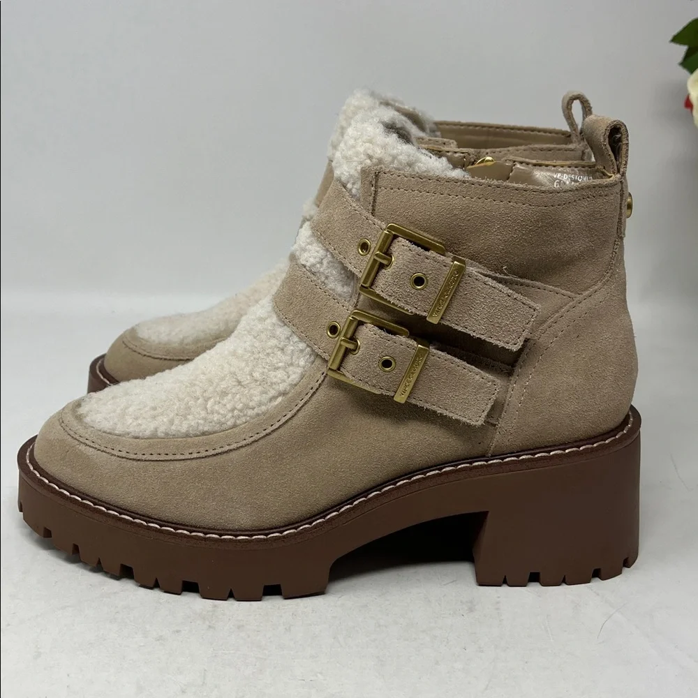 VINCE CAMUTO Destonny Cozy Buckle Booties Tan Suede and Sherpa Side Zip Sz 6 new